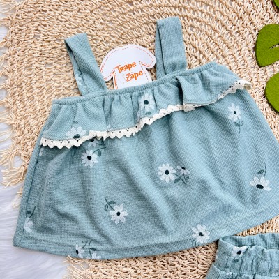 Conj. Batinha Frente Bordada e Short Flores - Verde